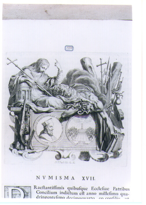 ALLEGORIA CON RECTO E VERSO DI MEDAGLIA CELEBRATIVA DEL CARDINALE ANGELO BARBADIGO (stampa) di Van Audenaerde Robert (sec. XVIII)