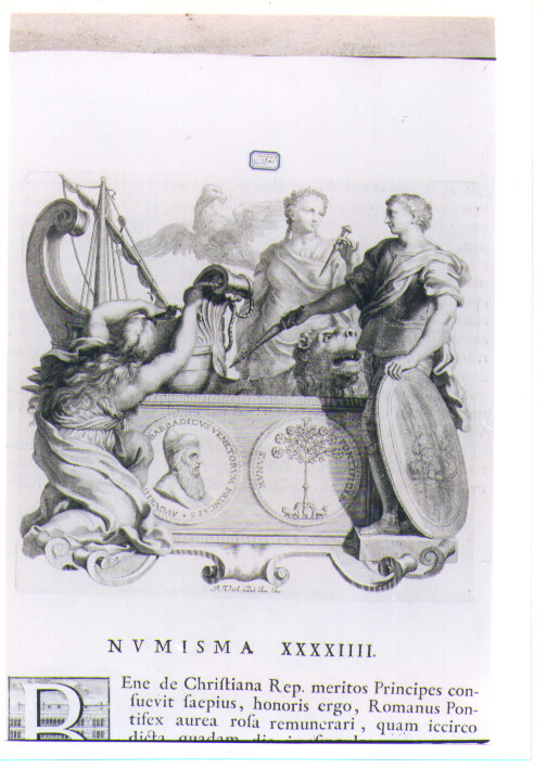 ALLEGORIA CON RECTO E VERSO DI MEDAGLIA CELEBRATIVA DEL DOGE AGOSTINO BARBADIGO (stampa) di Van Audenaerde Robert (sec. XVIII)