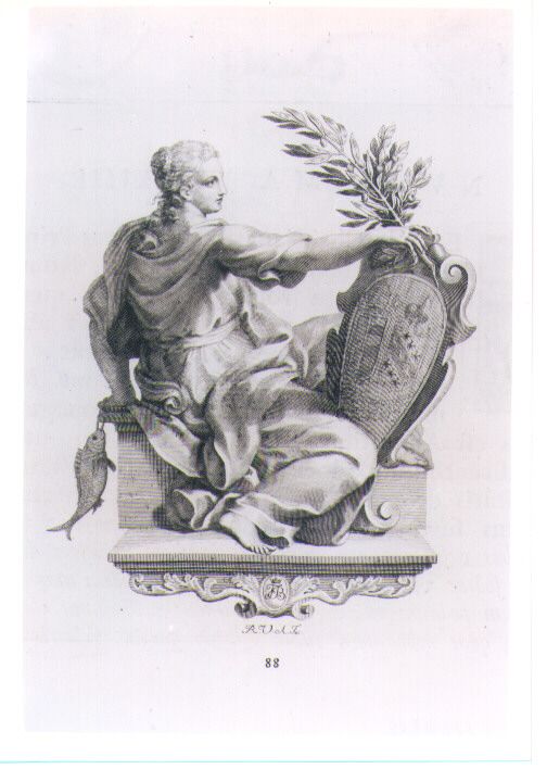 FIGURA ALLEGORICA CON STEMMA DEL DOGE BARBADIGO E DI PAPA ALESSANDRO VI BRGIA (stampa) di Van Audenaerde Robert (sec. XVIII)