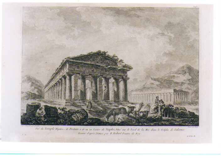 VEDUTA DEI TEMPLI DI PAESTUM (stampa) di Robert Hubert, Germain Louis (sec. XVIII)