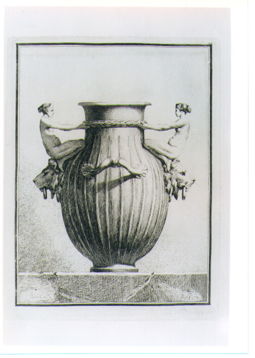 VASO CON TESTE DI LEONI E FIGURE FEMMINILI (stampa) di Petitot Ennemond Alexandre, Bossi Benigno (sec. XVIII)