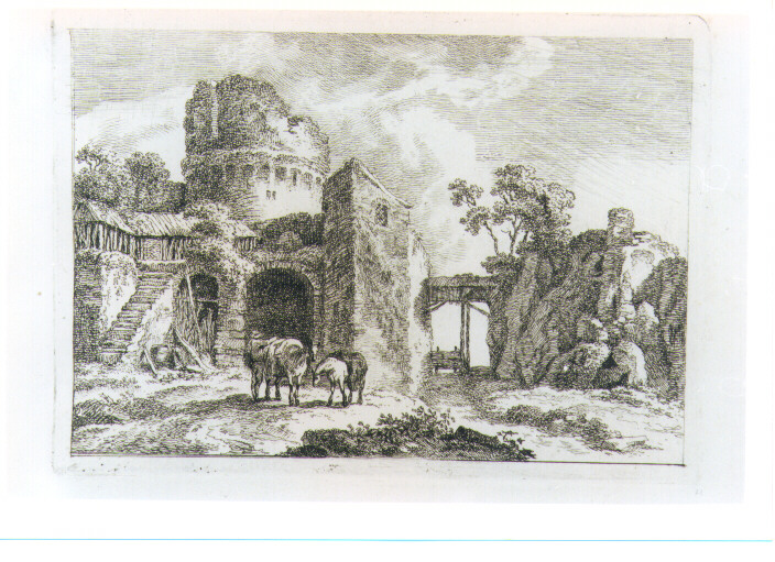 PAESAGGIO CON ARCHITETTURE E ANIMALI (stampa) di Schallhas Carl Philipp (attribuito) (fine sec. XVIII)