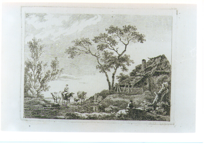 PAESAGGIO FLUVIALE CON FIGURE E ANIMALI (stampa) di Schallhas Carl Philipp (attribuito) (fine sec. XVIII)