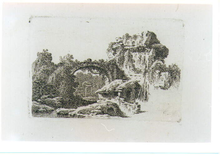 PAESAGGIO FLUVIALE CON ARCHITETTURE (stampa) di Schallhas Carl Philipp (attribuito) (fine sec. XVIII)