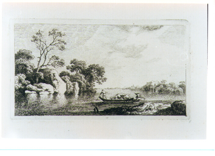 PAESAGGIO FLUVIALE CON BARCA (stampa) di Schallhas Carl Philipp (attribuito) (fine sec. XVIII)