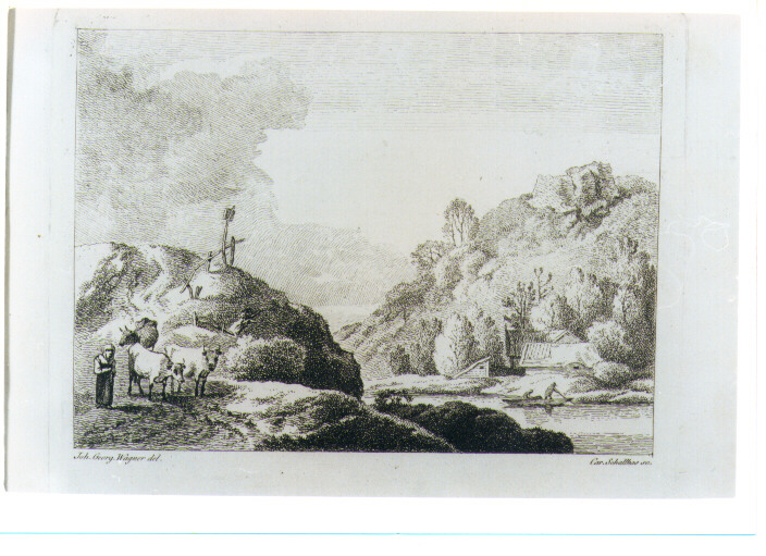 PAESAGGIO FLUVIALE CON FIGURE E MUCCHE (stampa) di Schallhas Carl Philipp, Wagner Johann Georg (fine sec. XVIII)