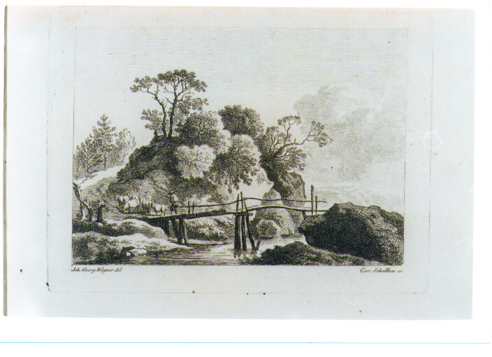 PAESAGGIO FLUVIALE CON PASTORE E GREGGE (stampa) di Schallhas Carl Philipp, Wagner Johann Georg (fine sec. XVIII)