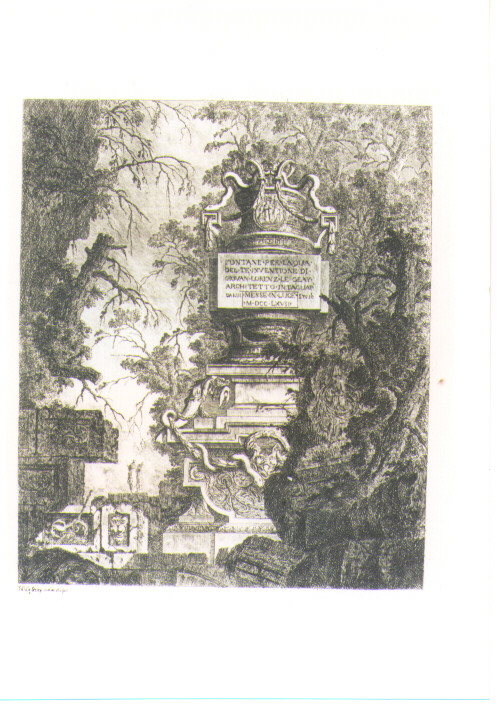 PAESAGGIO CON ROVINE E FONTANA (stampa) di Le Geay J. L (sec. XVIII)