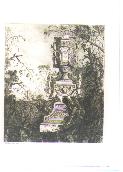 PAESAGGIO CON ROVINE E FONTANA (stampa) di Le Geay J. L (sec. XVIII)
