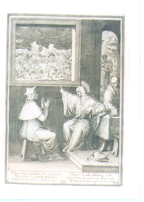 SAN BENEDETTO MOSTRA A TOTILA ROMA SOTTO LA PIOGGIA DI FULMINI (stampa) di Passeri Bernardino (CERCHIA), Caprioli Aliprando (sec. XVI)