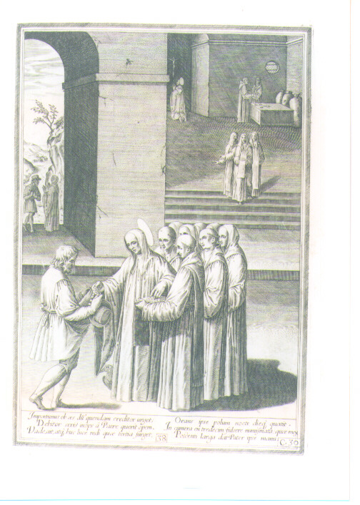 SAN BENEDETTO DISTRIBUISCE MONETE D'ORO (stampa) di Passeri Bernardino (CERCHIA), Caprioli Aliprando (CERCHIA) (sec. XVI)
