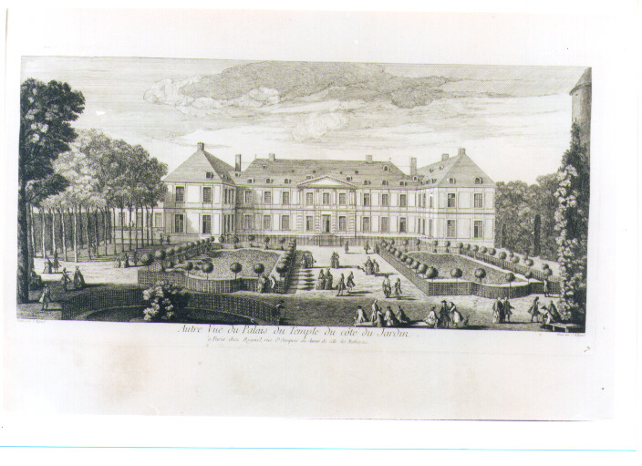 VEDUTA DEL PALAIS DU TEMPLE DAL LATO DEL GIARDINO (stampa) di Rigaud Jean Baptiste (sec. XVIII)
