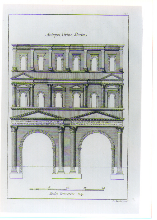 PROSPETTO DI PORTA DE' BORSARI (stampa) di Zucchi Francesco (sec. XVIII)