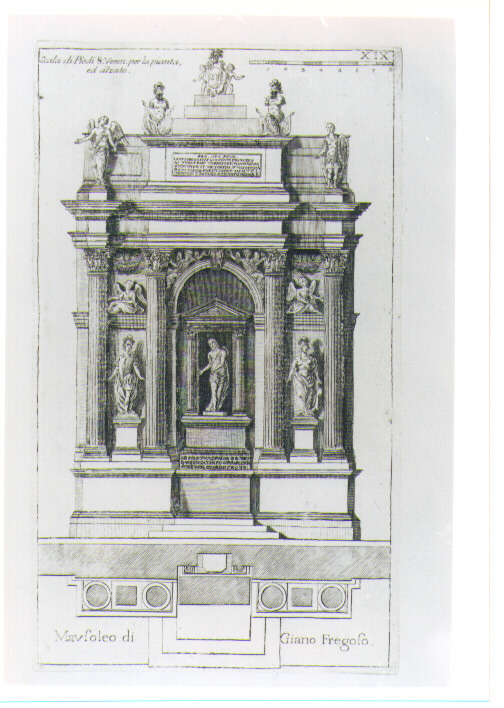 PROSPETTO E PIANTA DEL MAUSOLEO DI GIANO FREGOSO (stampa) di Zucchi Francesco (CERCHIA) (sec. XVIII)