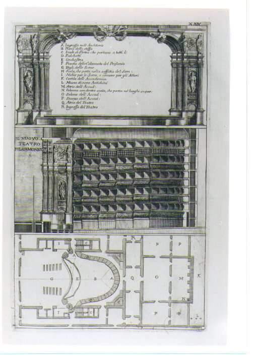 PIANTA E SEZIONE DEL TEATRO FILARMONICO DI VERONA (stampa) di Zucchi Francesco (CERCHIA) (sec. XVIII)