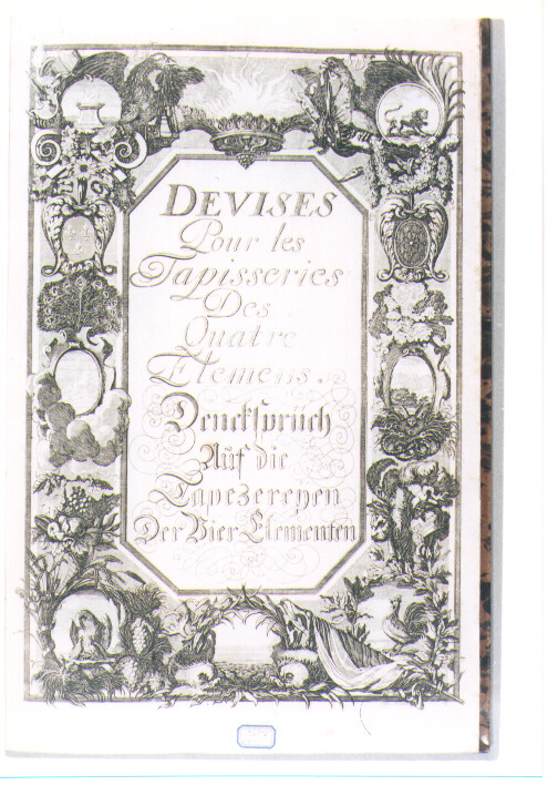 ALLEGORIA DEI QUATTRO ELEMENTI ED ELEMENTI DECORATIVI (stampa) di Kraus Johann Ulrich (sec. XVIII)