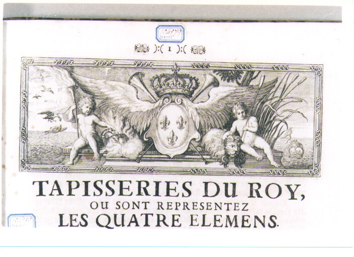 ALLEGORIA DEI QUATTRO ELEMENTI PUTTI E STEMMA DEI BORBONE DI FRANCIA (stampa) di Kraus Johann Ulrich (sec. XVIII)