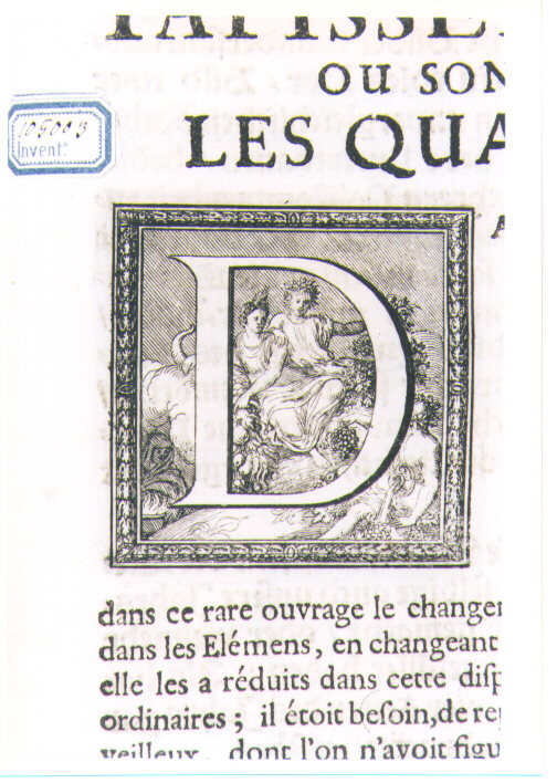 CAPOLETTERA D CON FIGURE ALLEGORICHE (stampa) di Kraus Johann Ulrich (sec. XVIII)