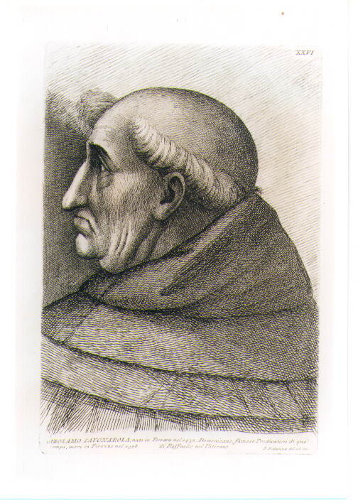 TESTA DI GIROLAMO SAVONAROLA (stampa) di Sanzio Raffaello detto Raffaello, Fidanza Paolo (sec. XVIII)