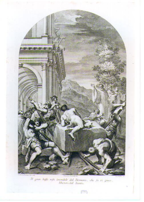 SAN BENEDETTO OPERA IL MIRACOLO DEL SASSO (stampa) di Carracci Ludovico, Fabbri Giovanni, Gandolfi Gaetano (sec. XVIII)