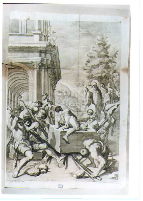 SAN BENEDETTO OPERA IL MIRACOLO DEL SASSO (stampa) di Carracci Ludovico, Giovannini Giacomo (sec. XVII)
