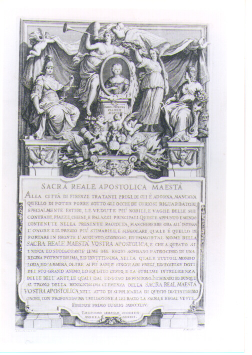 RITRATTO DI MARIA TERESA D'AUSTRIA CON ALLEGORIA DELLA GLORIA, DELLA PACE, DELLA GIUSTIZIA E DELL'ABBONDANZA (stampa) di Zocchi Giuseppe, Morghen Filippo (sec. XVIII)