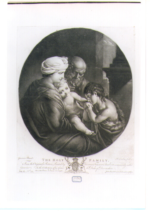 SACRA FAMIGLIA CON SAN GIOVANNINO (stampa controfondata smarginata) di Barbieri Giovan Francesco detto Guercino, Earlom Richard (sec. XVIII)