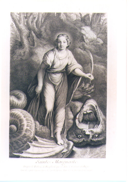 SANTA MARGHERITA D'ANTIOCHIA SOTTOMETTE IL DRAGO (stampa) di Sanzio Raffaello detto Raffaello, Surugue Louis (sec. XVIII)