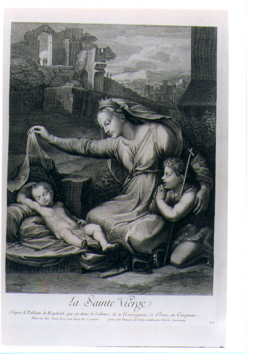 MADONNA CON BAMBINO E SAN GIOVANNINO (stampa) di Sanzio Raffaello detto Raffaello, De Poilly François III, Simonneau Charles Louis il Vecchio (sec. XVIII)