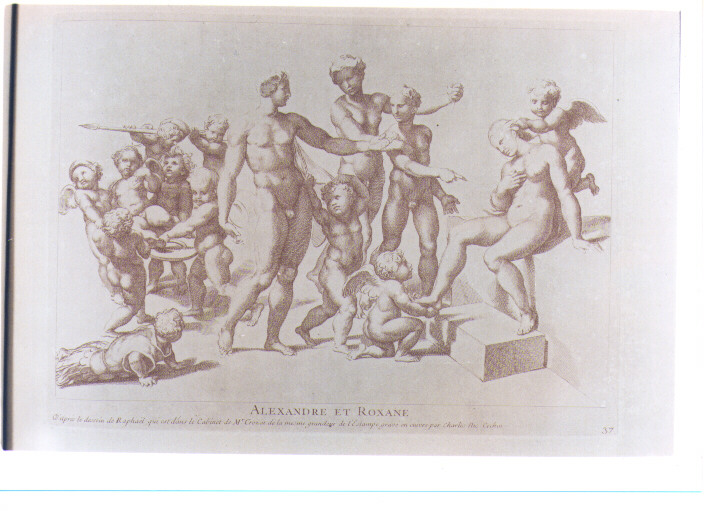 ALESSANDRO E ROSSANA (stampa colorata a mano) di Sanzio Raffaello detto Raffaello, Cochin Charles Nicolas I detto Père (sec. XVIII)