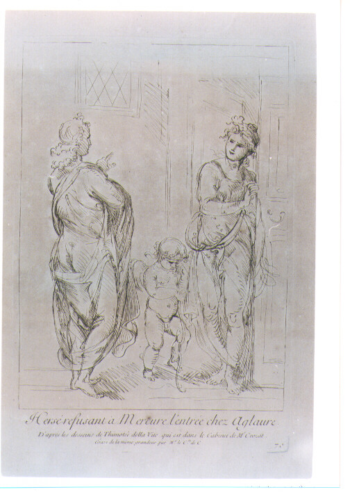 HERSEO RIFIUTA A MERCURIO DI ENTRARE CON AGLAURE (stampa) di Della Vite Timoteo, De Caylus Anne Claude Philippe (sec. XVIII)