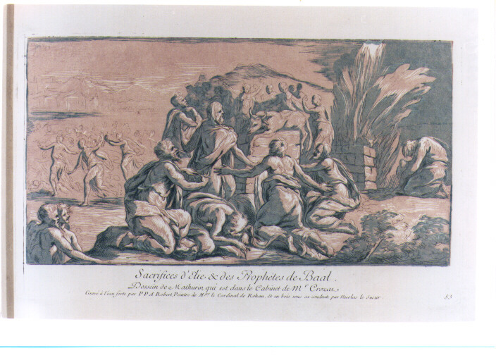 ELIA ORDINA DI UCCIDERE I SACERDOTI DI BAAL (stampa colorata a mano) di Robert Paul Ponce Antoine, Lesueur Nicolas (sec. XVIII)