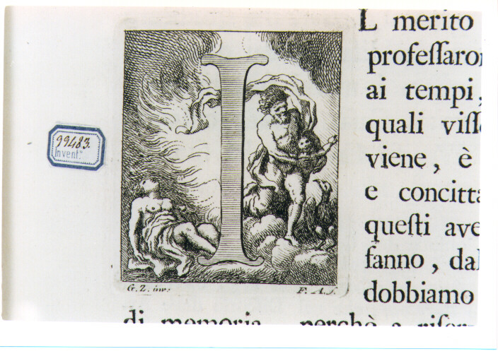 CAPOLETTERA I CON GIOVE SOTTO FORMA DI FIAMMA RAPISCE EGINA ? (stampa) di Zocchi Giuseppe, Allegrini Francesco (sec. XVIII)