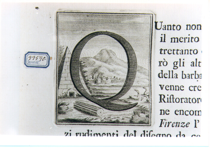 CAPOLETTERA Q CON VEDUTA CON ROVINE (stampa) di Allegrini Francesco (attribuito) (sec. XVIII)