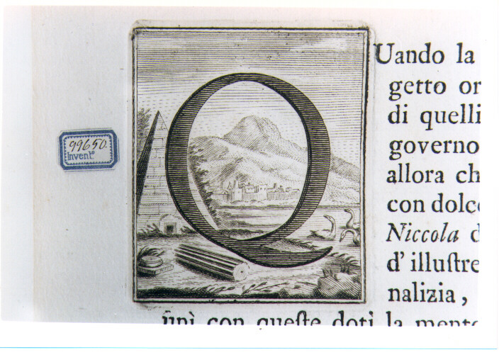 CAPOLETTERA Q CON VEDUTA CON ROVINE (stampa) di Allegrini Francesco (attribuito) (sec. XVIII)