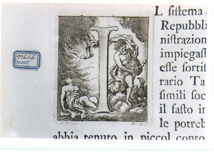 CAPOLETTERA I CON GIOVE SOTTO FORMA DI FIAMMA RAPISCE EGINA ? (stampa) di Zocchi Giuseppe, Allegrini Francesco (sec. XVIII)