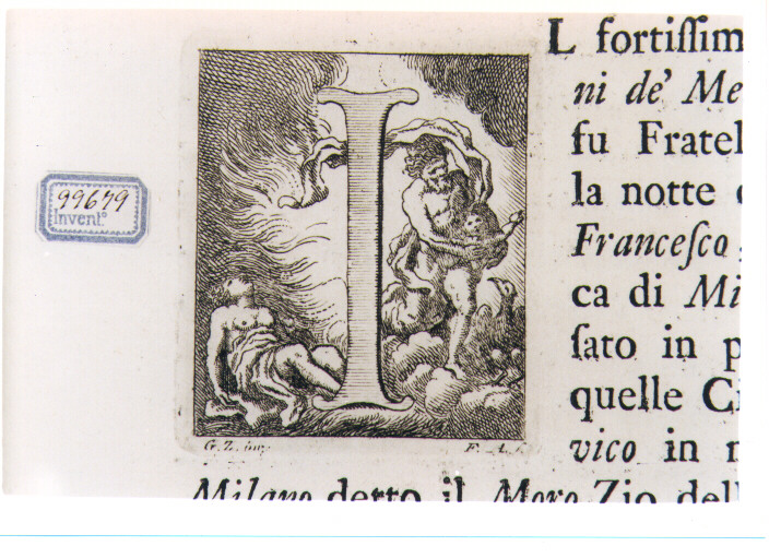 CAPOLETTERA I CON GIOVE SOTTO FORMA DI FIAMMA RAPISCE EGINA ? (stampa) di Zocchi Giuseppe, Allegrini Francesco (sec. XVIII)