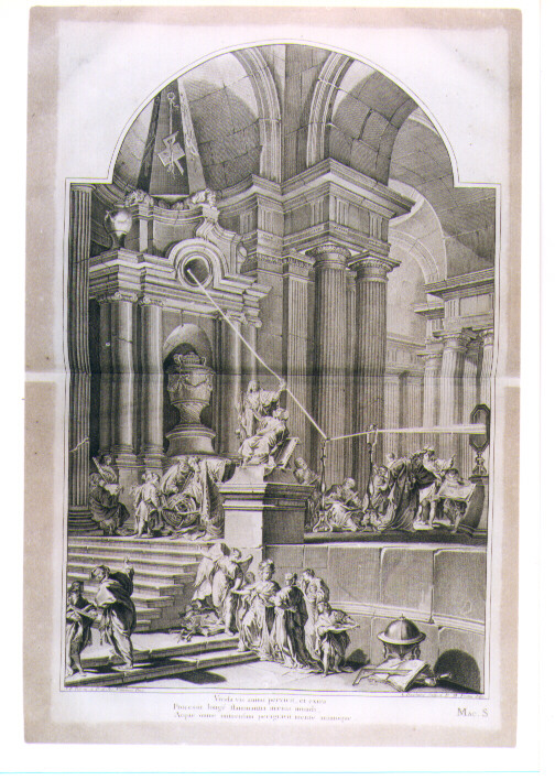 TOMBA ALLEGORICA DI SIR ISAAC NEWTON (stampa) di Fratta Domenico Maria, Pittoni Giovanni Battista il Vecchio, Valeriani Domenico, Valeriani Giuseppe, Desplaces Louis (sec. XVIII)