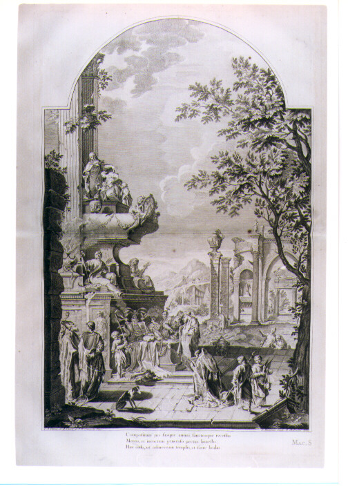 TOMBA ALLEGORICA DELL'ARCIVESCOVO TILLOTSON (stampa) di Pittoni Giovanni Battista il Vecchio, Canal Giovanni Antonio detto Canaletto, Cimaroli Giovanni Battista, De Beauvais Nicolas Dauphin, Fratta Domenico Maria (sec. XVIII)