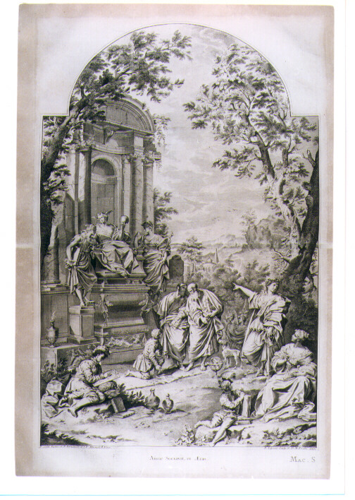 TOMBA ALLEGORICA DI CHARLES BOYLE, JOHN LOCKE E THOMAS SYDENHAM (stampa) di Creti Donato, Ferrajuoli Nunzio, Paltronieri Pietro detto Mirandolese, Lépicié Bernard, Fratta Domenico Maria (sec. XVIII)