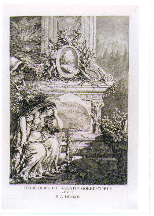 MONUMENTO FUNEBRE DI ALBERT HALLER (stampa controfondata smarginata) di Dunker Balthasar Anton, Eichler Mathias Gottfried (seconda metà sec. XVIII)
