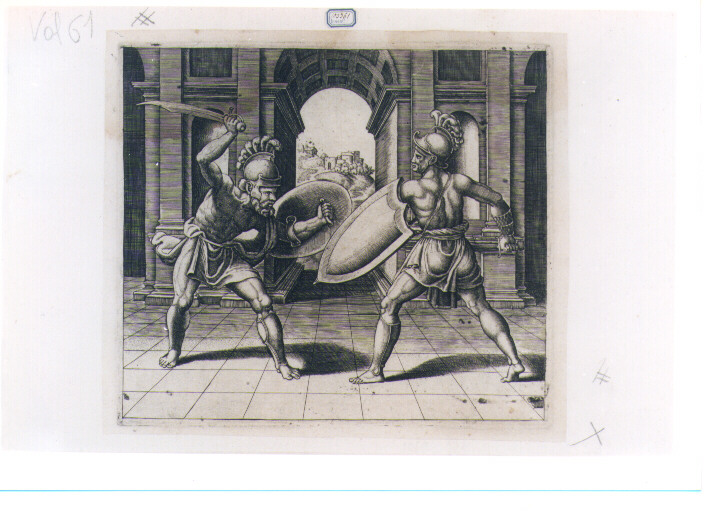 DUE GLADIATORI (stampa controfondata smarginata) di Pippi Giulio detto Giulio Romano, Daddi Bernardo (sec. XVI)