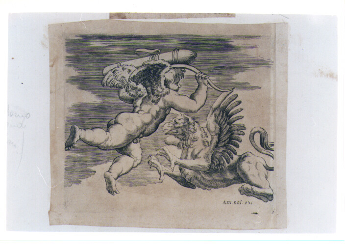CUPIDO E DRAGONE (stampa controfondata) di Sanzio Raffaello detto Raffaello, Raimondi Marcantonio (maniera) (sec. XVI)