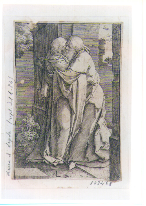 SAN GIOACCHINO E SANT'ANNA ABBRACCIATI (stampa controfondata smarginata) di Van Leyden Lucas Hugensz detto Luca di Leida (sec. XVI)