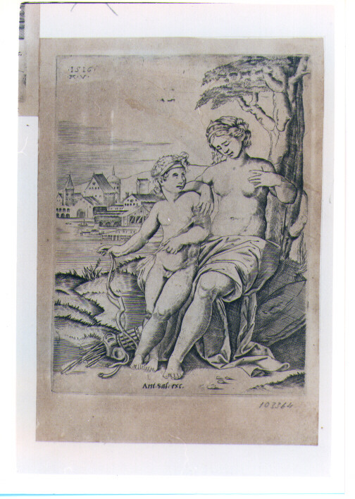 VENERE E CUPIDO (stampa controfondata) di Sanzio Raffaello detto Raffaello, De Musi Agostino (sec. XVI)