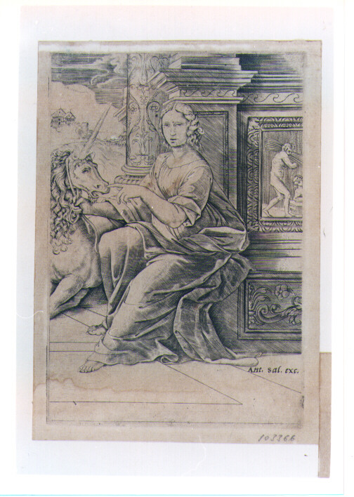 ALLEGORIA DELLA CASTITA' (stampa controfondata) di Sanzio Raffaello detto Raffaello, De Musi Agostino (sec. XVI)