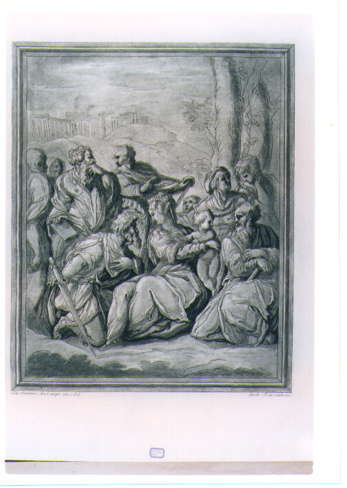 SACRA FAMIGLIA CON SANT'ELISABETTA E PROFETI (stampa a colori) di Sellari Girolamo detto Girolamo da Carpi, Scacciati Andrea II (sec. XVIII)
