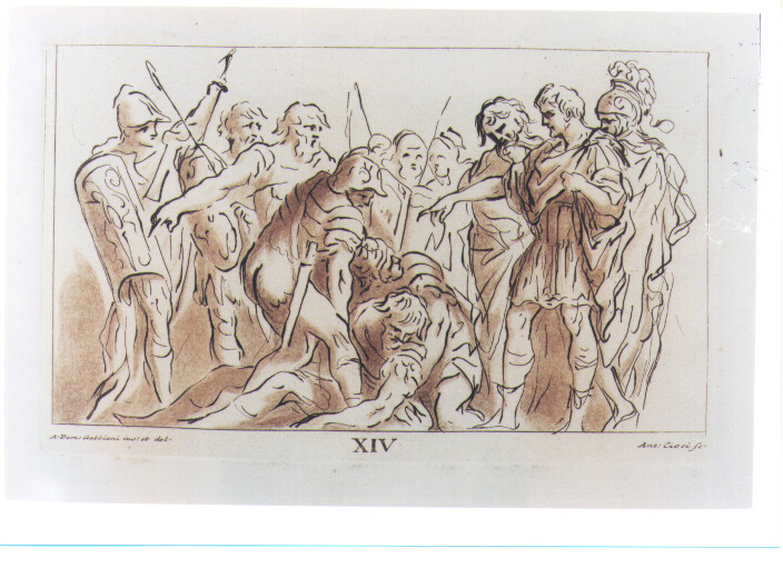 ALESSANDRO MAGNO PROVOCA LA MORTE DI UN SOLDATO (stampa a colori) di Gabbiani Antonio Domenico, Chiocchi Antonio (sec. XVIII)