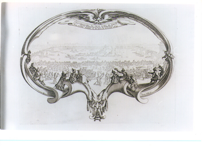 VENTAGLIO CON BATTAGLIA DEL RE TESSI E DEL RE TINTA (stampa) di Callot Jacques (sec. XVII)