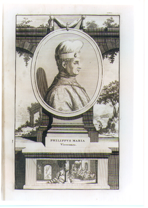 RITRATTO DI FILIPPO MARIA VICECOMES CON PAESAGGIO (stampa) di Pool Matthys (CERCHIA) (sec. XVIII)